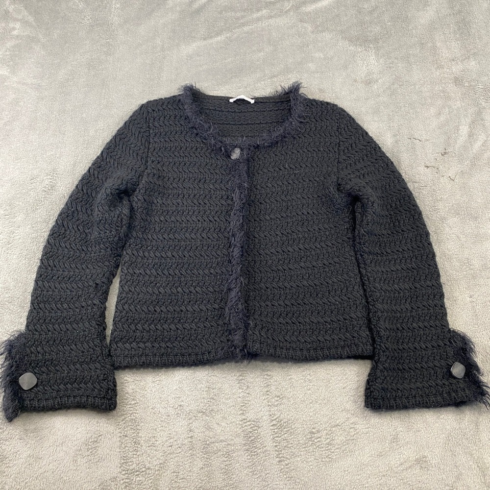 Yegin Cardigan Sweater Womens L Black Textured Knit Bell Sleeves Fringed Trim